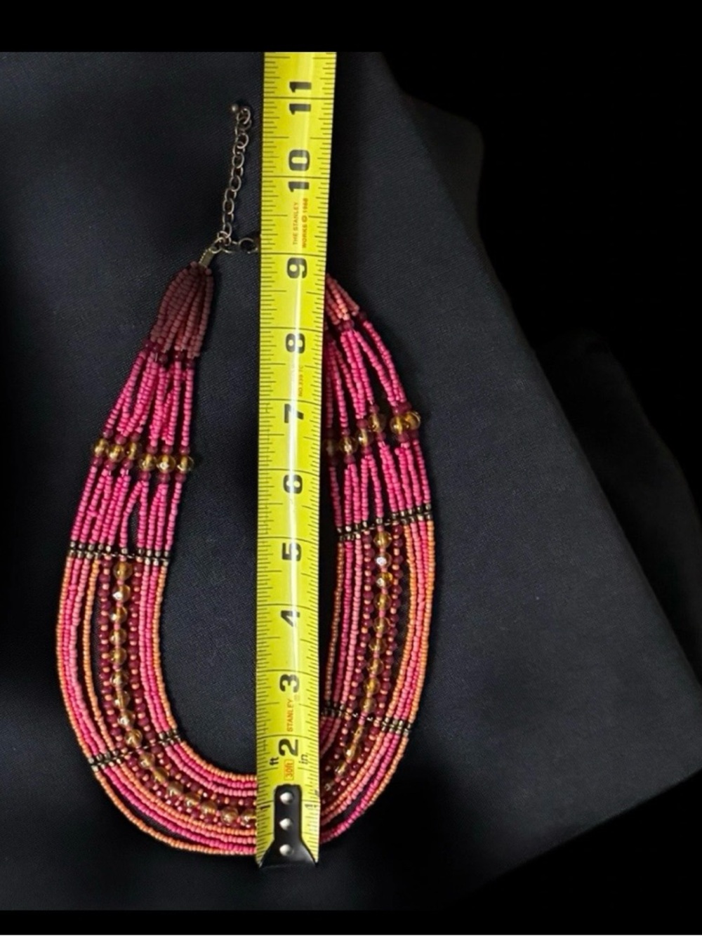 Boho Ethnic Multi Layer Seed Bead Necklace Pink Orange Gold Tone Statement Bib. - Picture 5 of 7